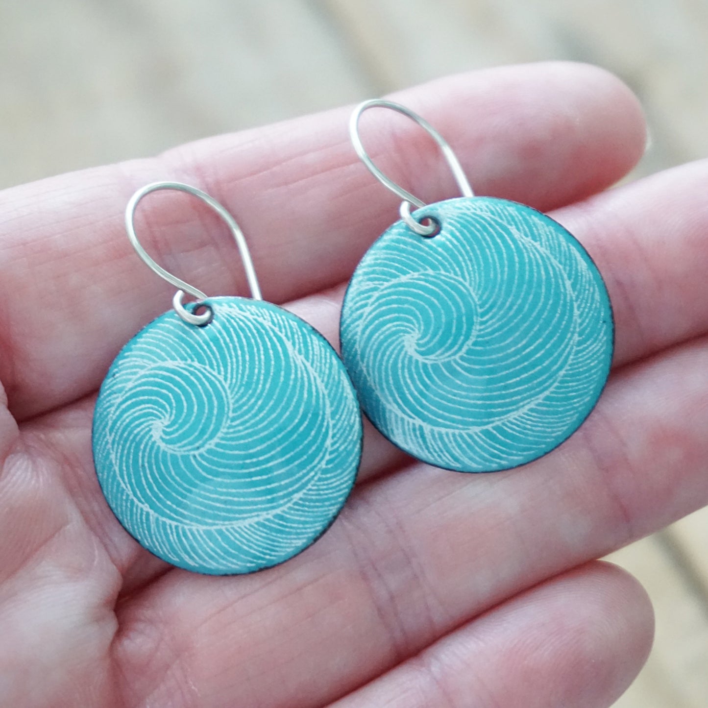 White Swirl Accents on Teal Green Enamel Disc Earrings