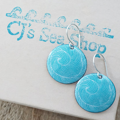 White Swirl Accents on Teal Green Enamel Disc Earrings