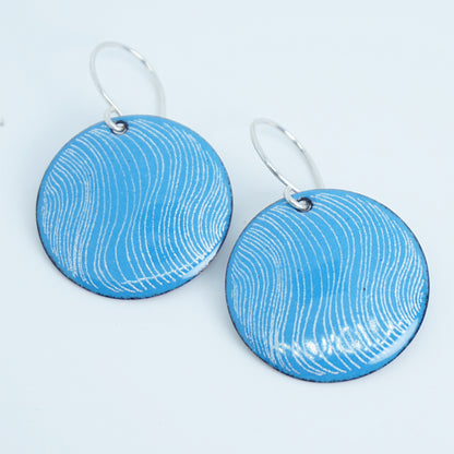 White Wavy Line Accents on Aqua Blue Enamel Disc Earrings