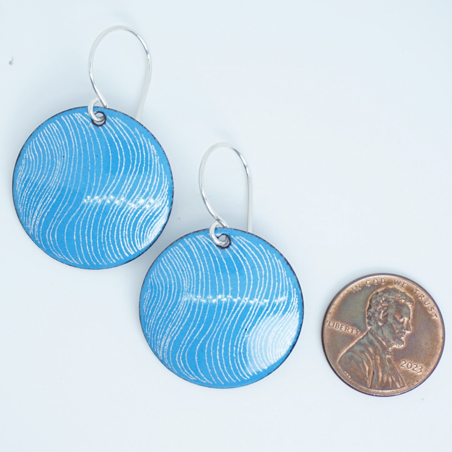 White Wavy Line Accents on Aqua Blue Enamel Disc Earrings