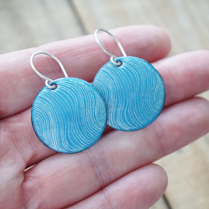 White Wavy Line Accents on Aqua Blue Enamel Disc Earrings