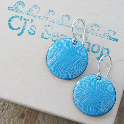 White Wavy Line Accents on Aqua Blue Enamel Disc Earrings