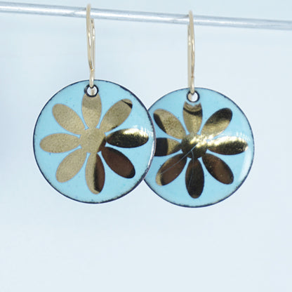 Gold Flowers on Robin's Egg Blue Enamel Disc Earrings