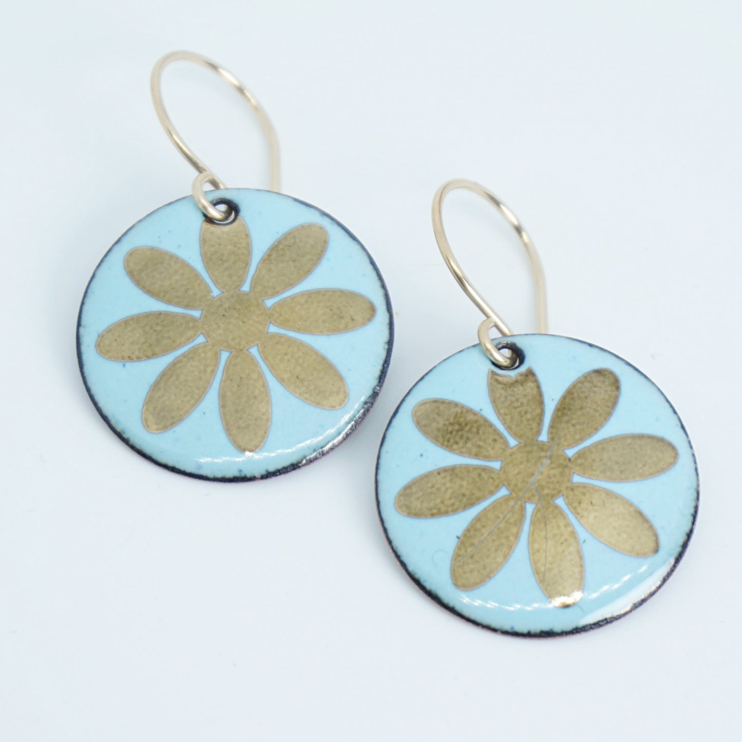 Gold Flowers on Robin's Egg Blue Enamel Disc Earrings