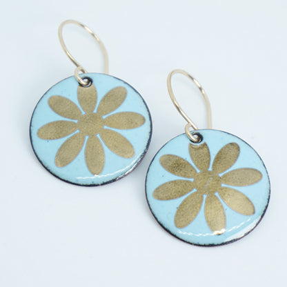 Gold Flowers on Robin's Egg Blue Enamel Disc Earrings