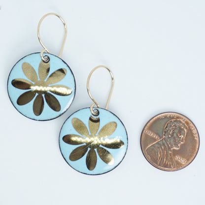 Gold Flowers on Robin's Egg Blue Enamel Disc Earrings