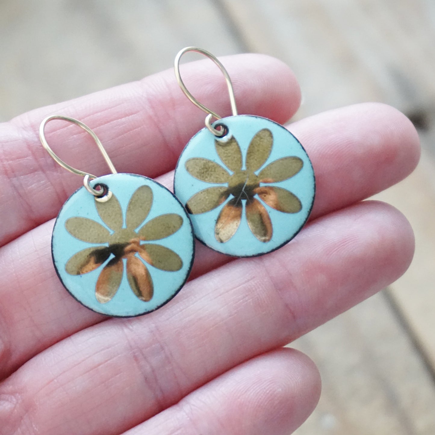 Gold Flowers on Robin's Egg Blue Enamel Disc Earrings