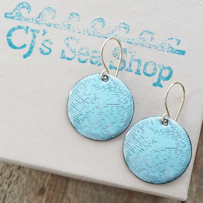 Gold Accents on Robin's Egg Blue Enamel Disc Earrings