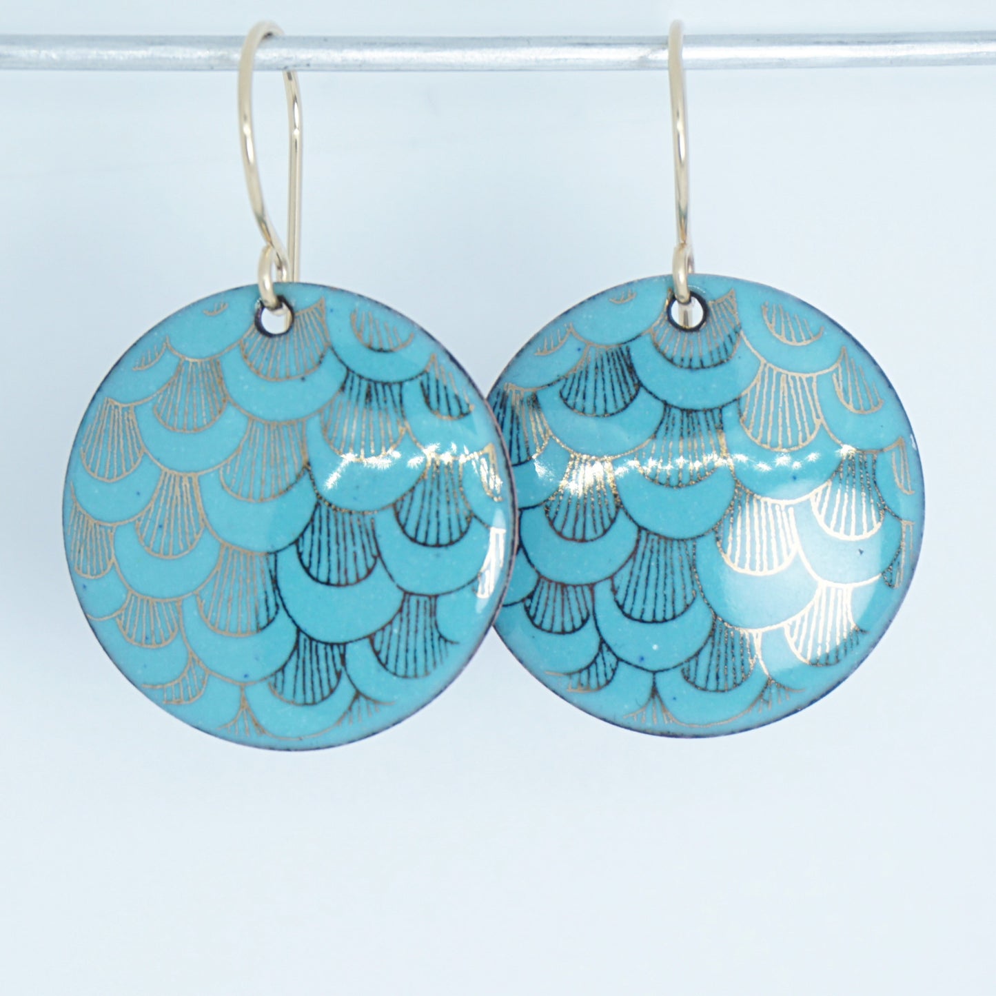 Gold Mermaid Scale Accents on Light Teal Green Enamel Disc Earrings