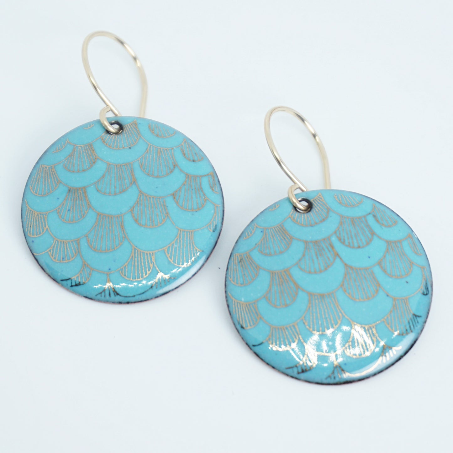 Gold Mermaid Scale Accents on Light Teal Green Enamel Disc Earrings