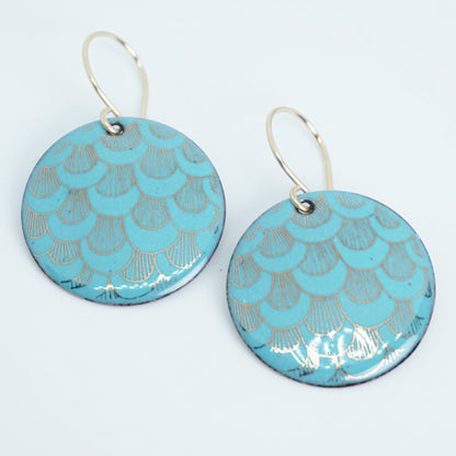 Gold Mermaid Scale Accents on Light Teal Green Enamel Disc Earrings