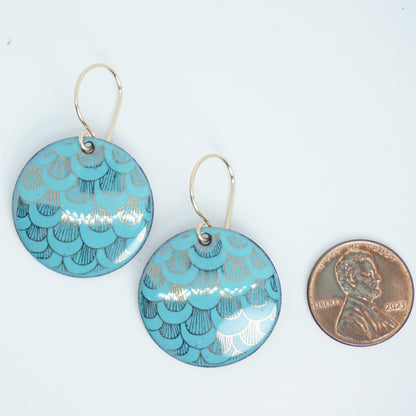 Gold Mermaid Scale Accents on Light Teal Green Enamel Disc Earrings