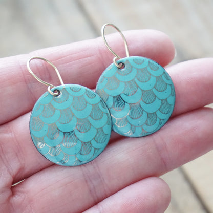 Gold Mermaid Scale Accents on Light Teal Green Enamel Disc Earrings