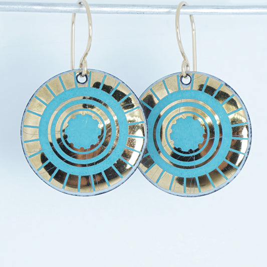 Gold and Teal Green Accents Enamel Disc Earrings