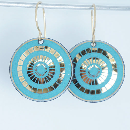 Gold and Teal Green Accents Enamel Disc Earrings