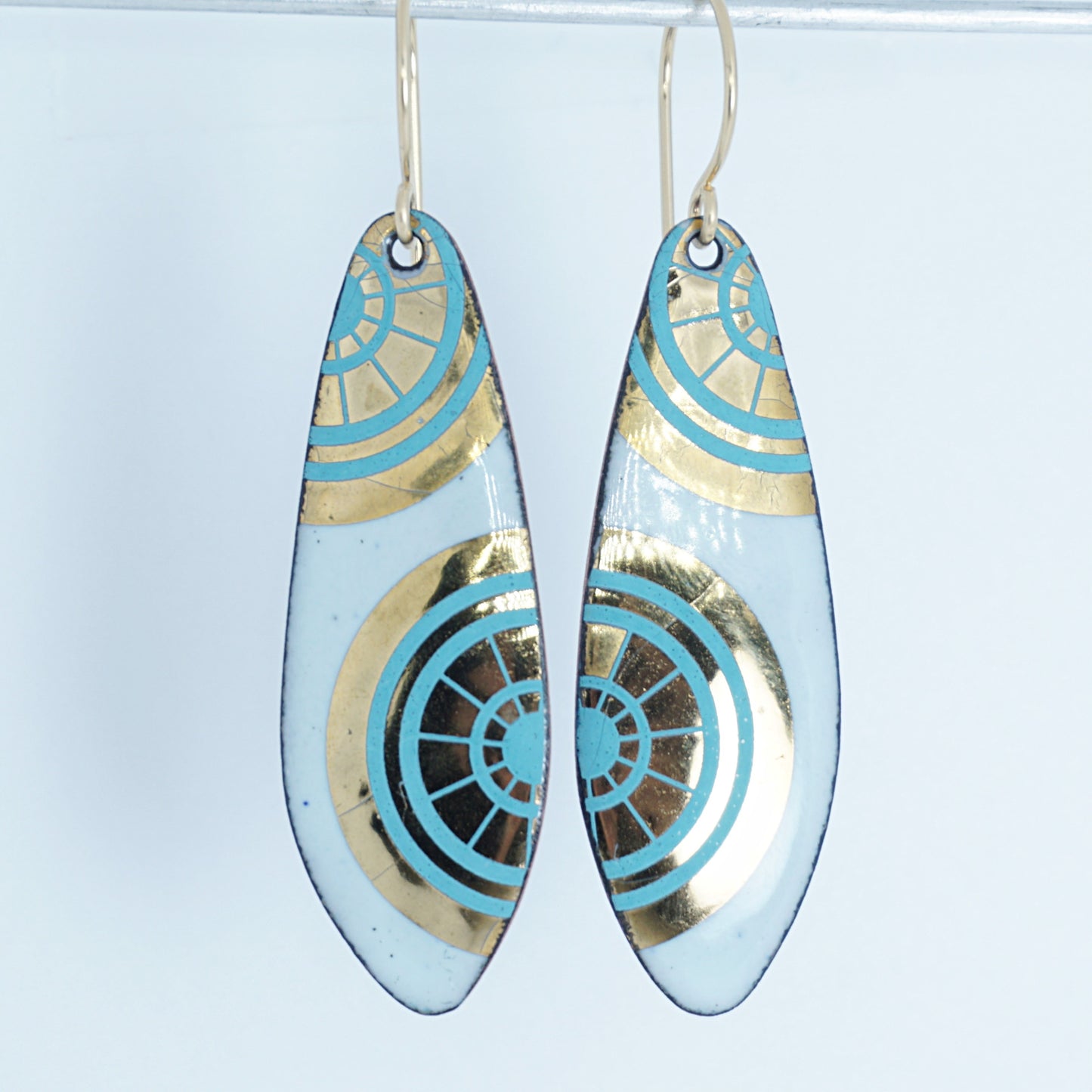 Gold and Teal Green Accents on Light Seafoam Green Enamel Teardrop Earrings