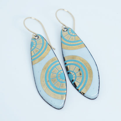 Gold and Teal Green Accents on Light Seafoam Green Enamel Teardrop Earrings