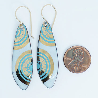 Gold and Teal Green Accents on Light Seafoam Green Enamel Teardrop Earrings