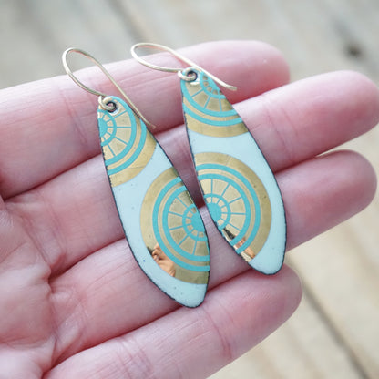 Gold and Teal Green Accents on Light Seafoam Green Enamel Teardrop Earrings