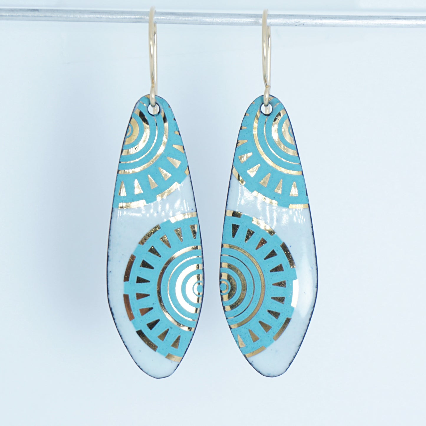 Gold and Teal Green Accents on Light Seafoam Green Enamel Teardrop Earrings