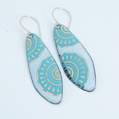 Gold and Teal Green Accents on Light Seafoam Green Enamel Teardrop Earrings