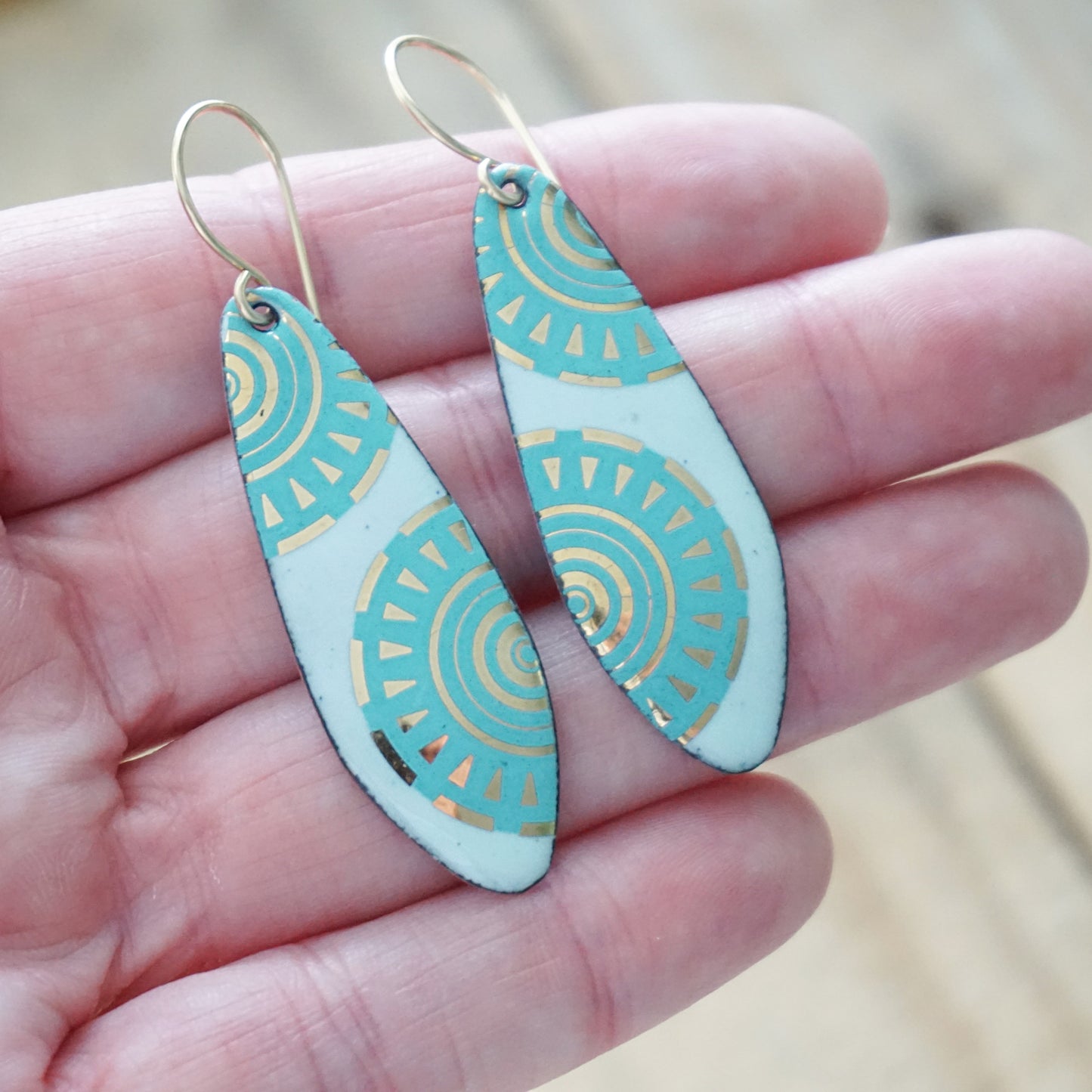 Gold and Teal Green Accents on Light Seafoam Green Enamel Teardrop Earrings