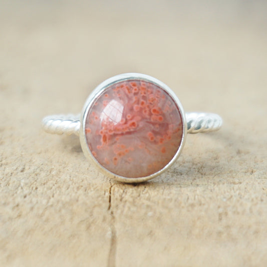 Size 9 Fossilized Red Horn Coral Stacking Ring