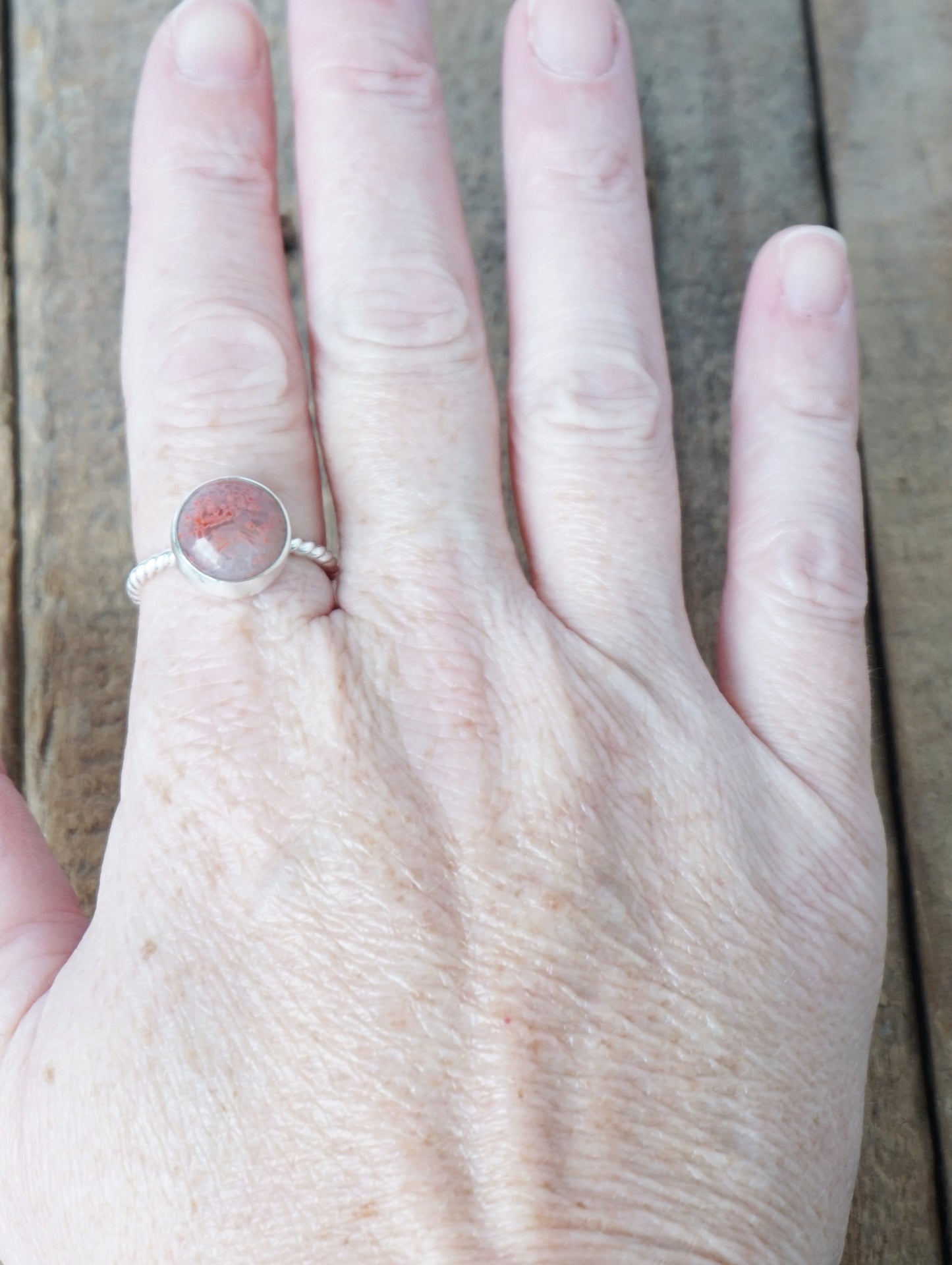 Size 9 Fossilized Red Horn Coral Stacking Ring