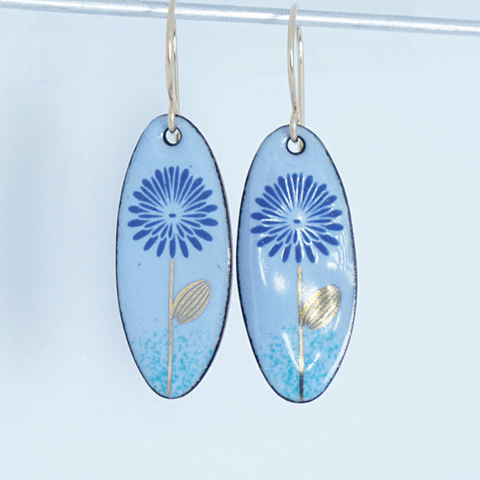 Blue and Gold Daisies on Light Blue Enamel Oval Earrings