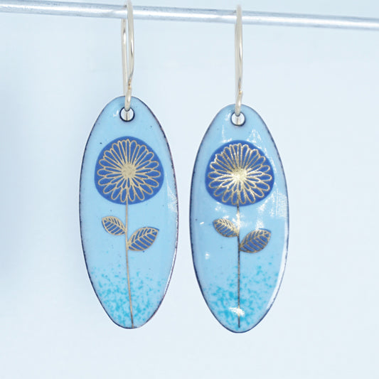 Blue and Gold Daisies on Light Blue Enamel Oval Earrings