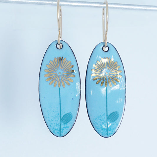 Gold Daisies on Light Blue Enamel Oval Earrings