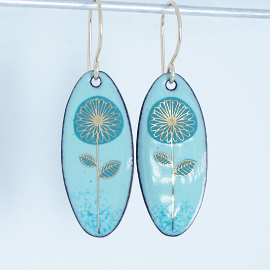 Teal and Gold Daisies on Seafoam Green Oval Earrings