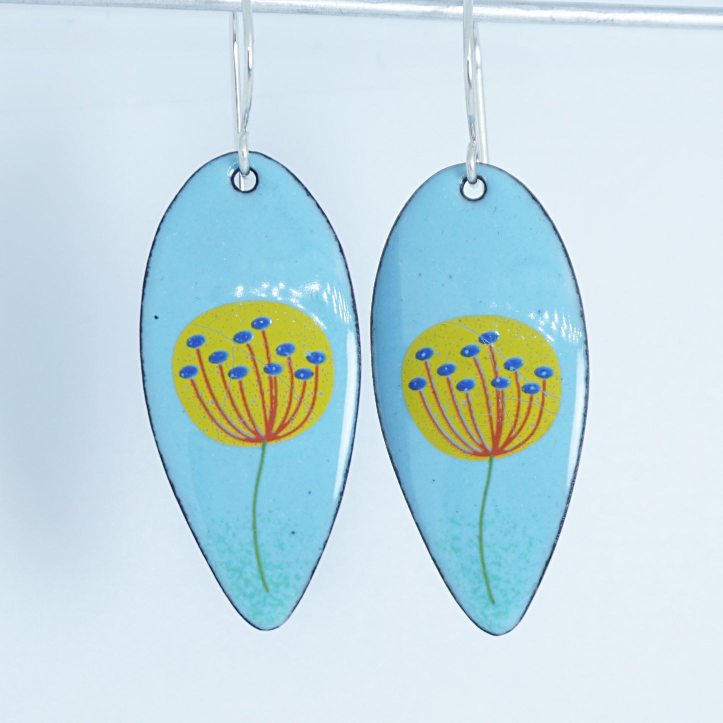 Yellow Dandelions on Light Blue Teardrop Earrings