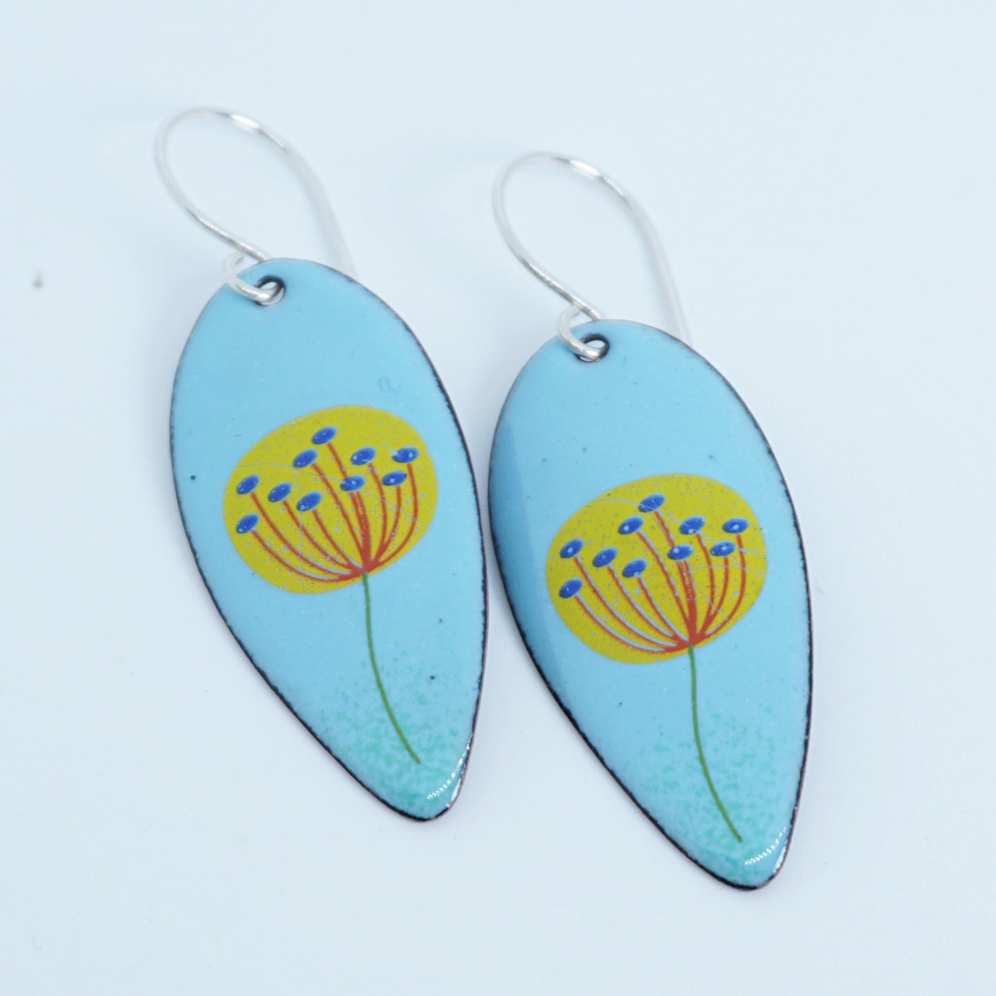 Yellow Dandelions on Light Blue Teardrop Earrings