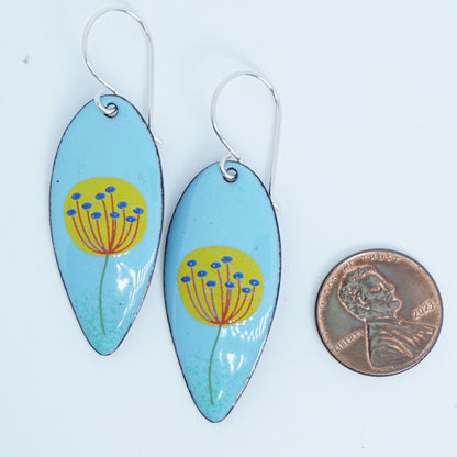 Yellow Dandelions on Light Blue Teardrop Earrings