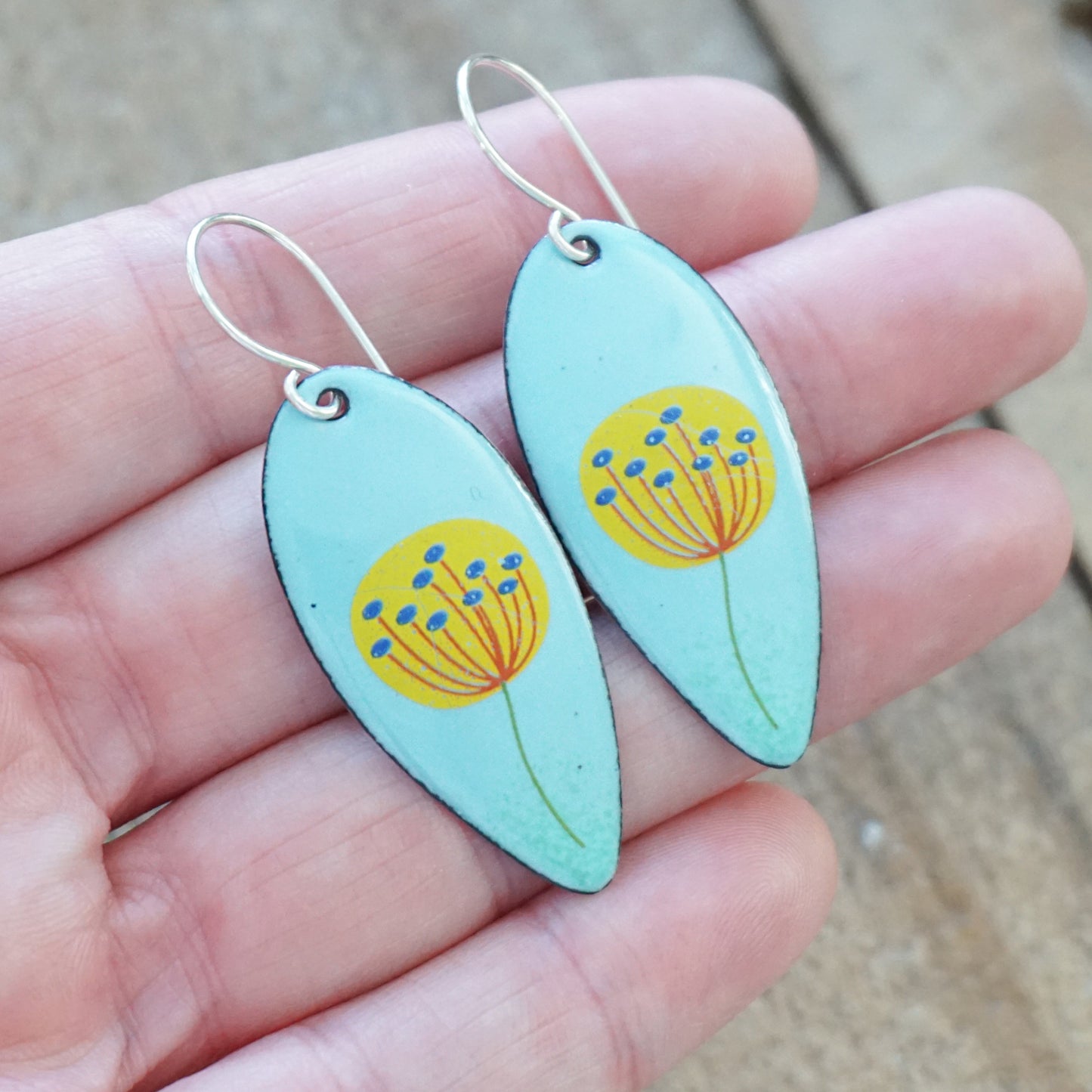 Yellow Dandelions on Light Blue Teardrop Earrings