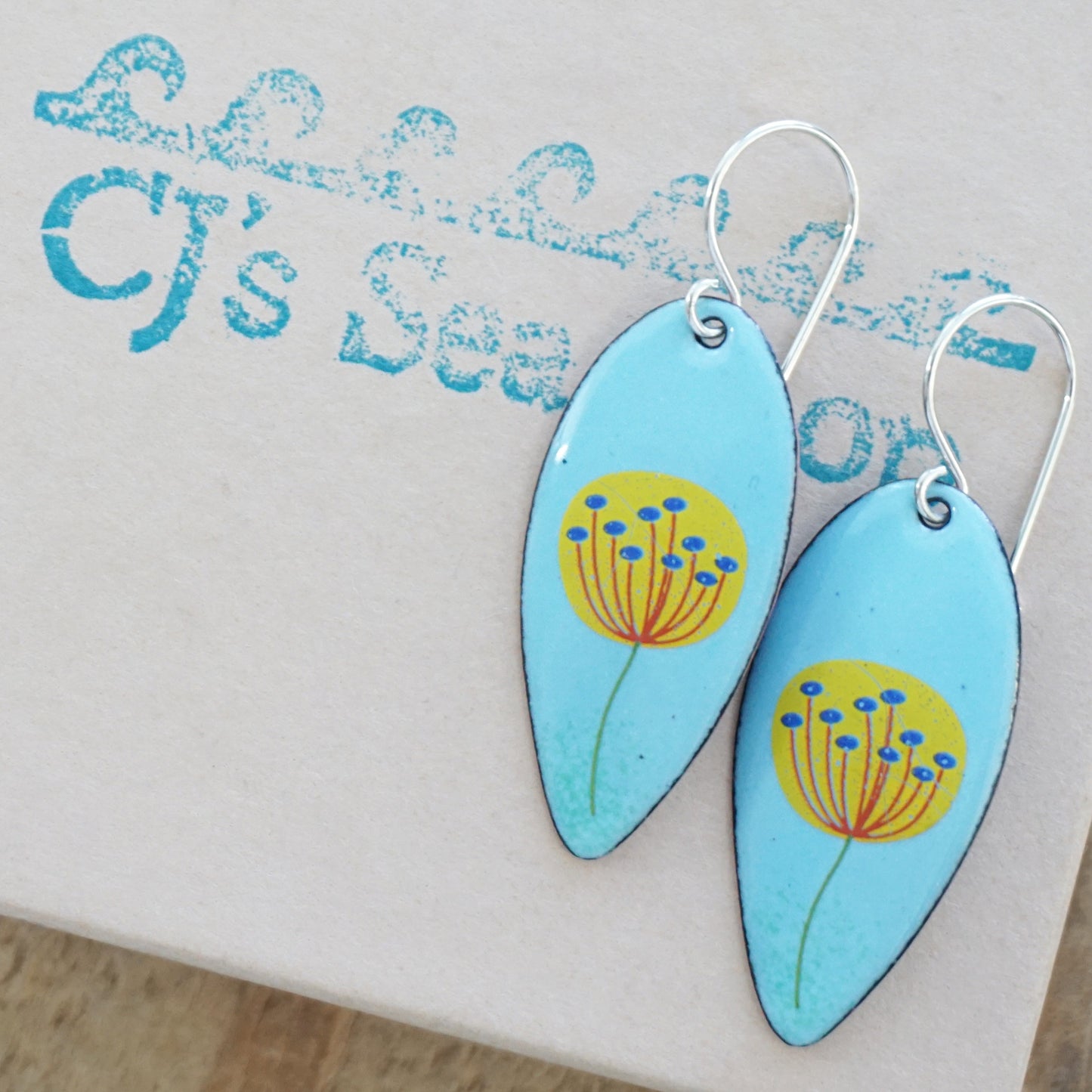 Yellow Dandelions on Light Blue Teardrop Earrings