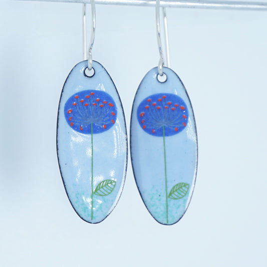 Blue Dandelions on Light Blue Oval Earrings