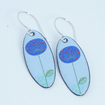 Blue Dandelions on Light Blue Oval Earrings