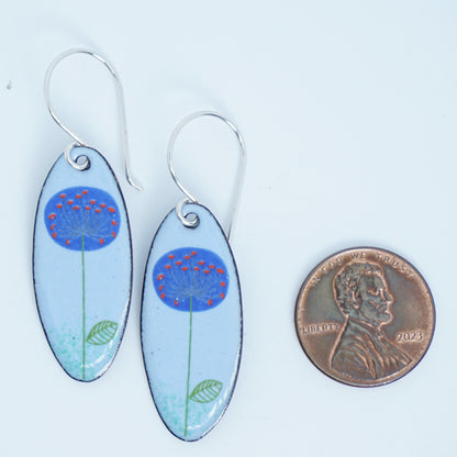 Blue Dandelions on Light Blue Oval Earrings