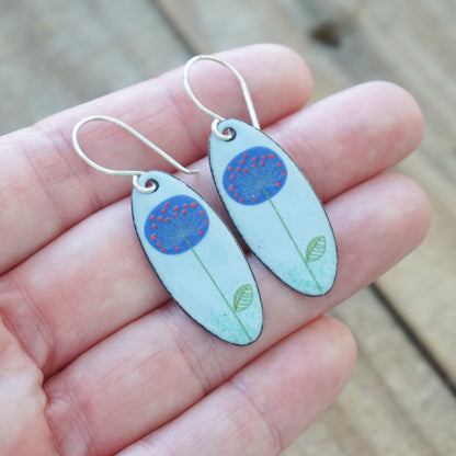 Blue Dandelions on Light Blue Oval Earrings