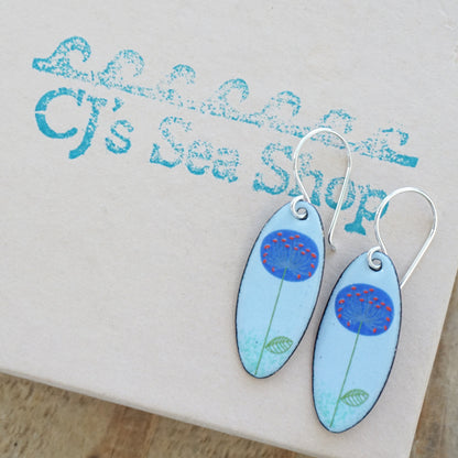 Blue Dandelions on Light Blue Oval Earrings