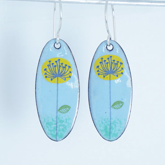 Yellow and Blue Dandelions on Light Blue Oval Earrings