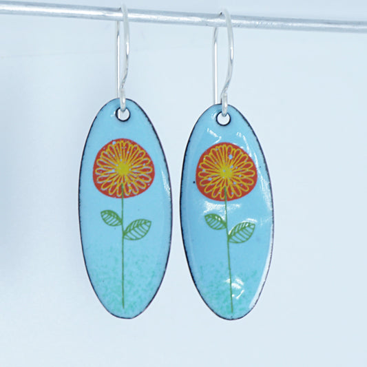 Red and Yellow Daisies on Light Blue Oval Earrings