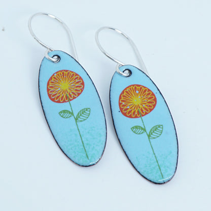 Red and Yellow Daisies on Light Blue Oval Earrings