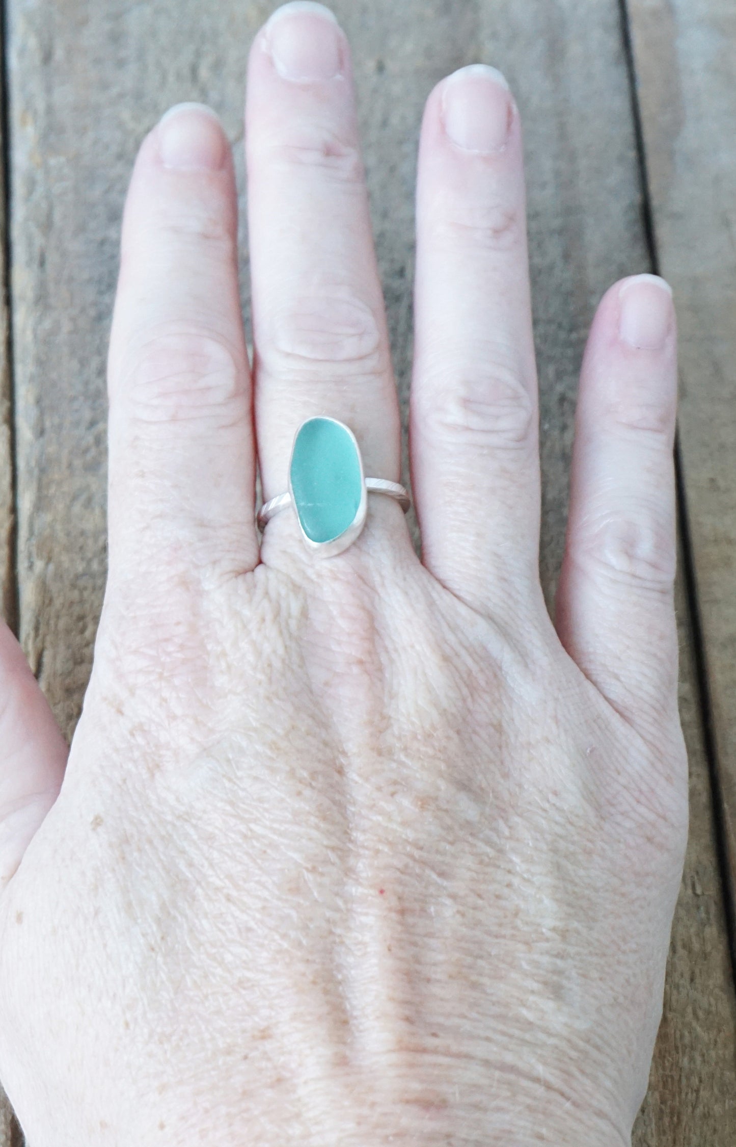 Size 7 3/4 Teal Blue Green Sea Glass Stacking Ring