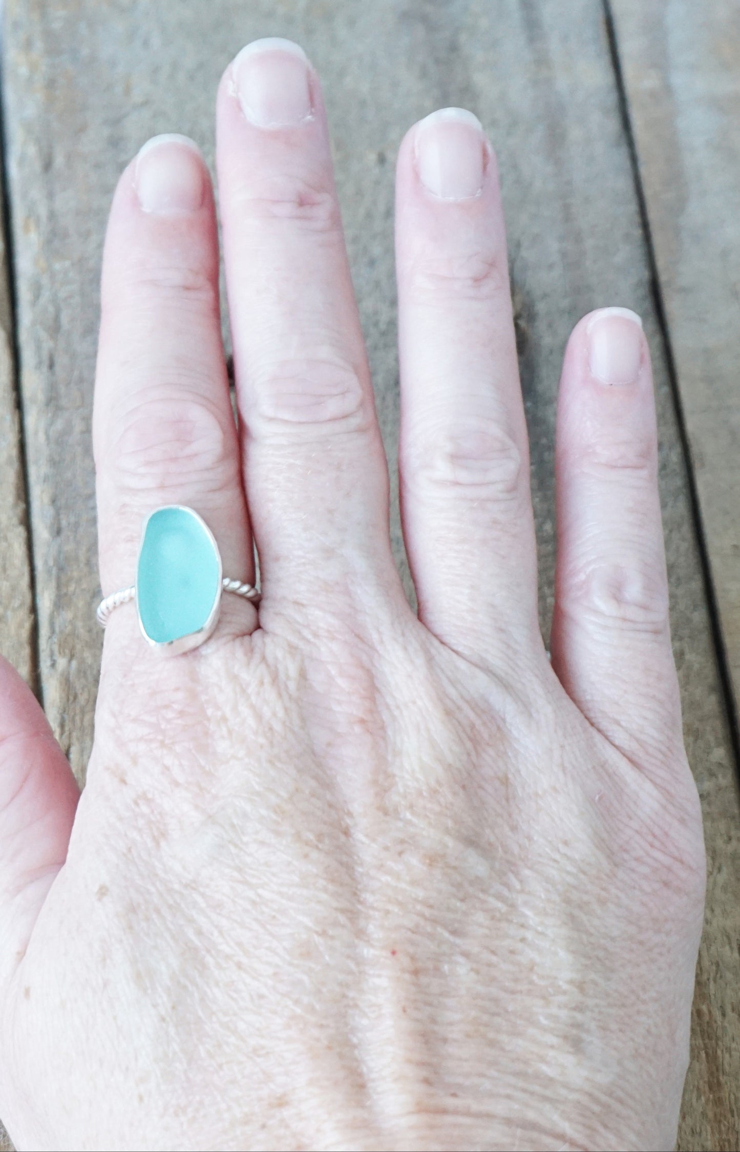 Size 8 1/2 Teal Blue Green Sea Glass Stacking Ring