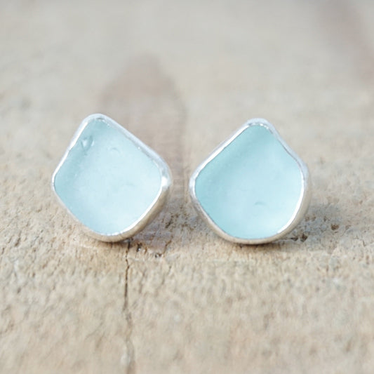 Soft Aqua Blue Sea Glass Stud Earrings