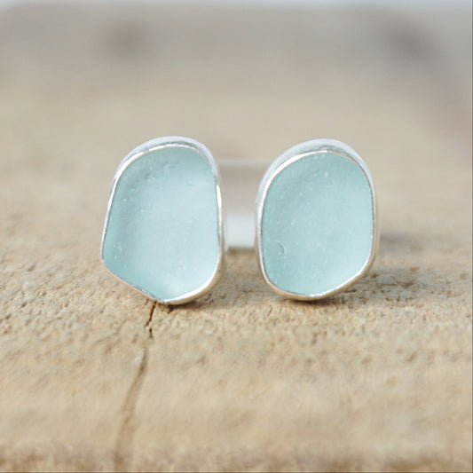 Soft Aqua Blue Sea Glass Stud Earrings