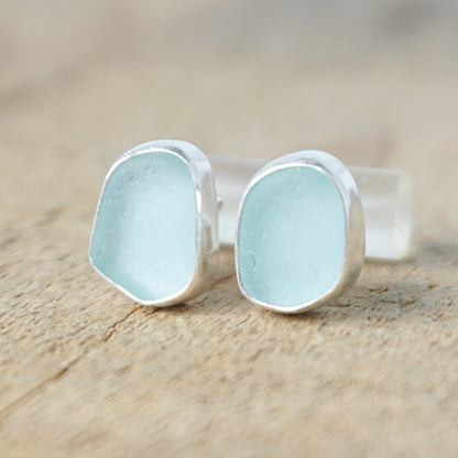 Soft Aqua Blue Sea Glass Stud Earrings